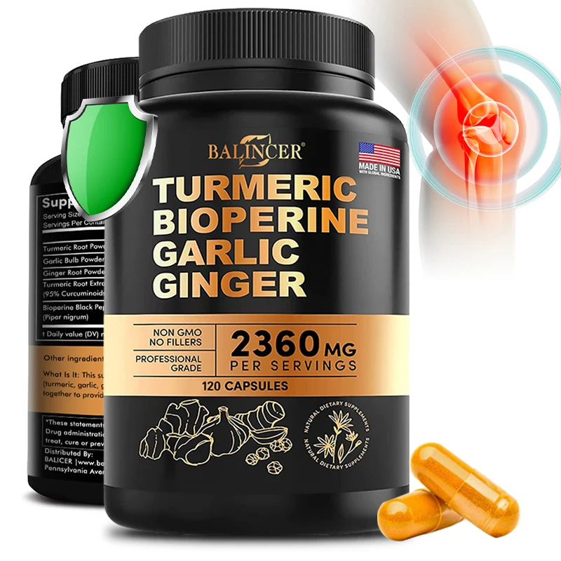 4-in-1 Turmeric Ginger Supplement with Pepperine 2360mg, Garlic Curcumin Black Pepper for Joints, Muscles, Digestion & Immunity