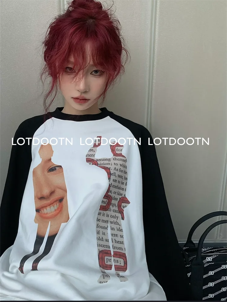 LOTDOOTN 100% Cotton T-shirts Unisex Vintage Women Clothes Y2K O-neck Long Sleeve Print Grunge Clothing Fashion Casual T Shirts