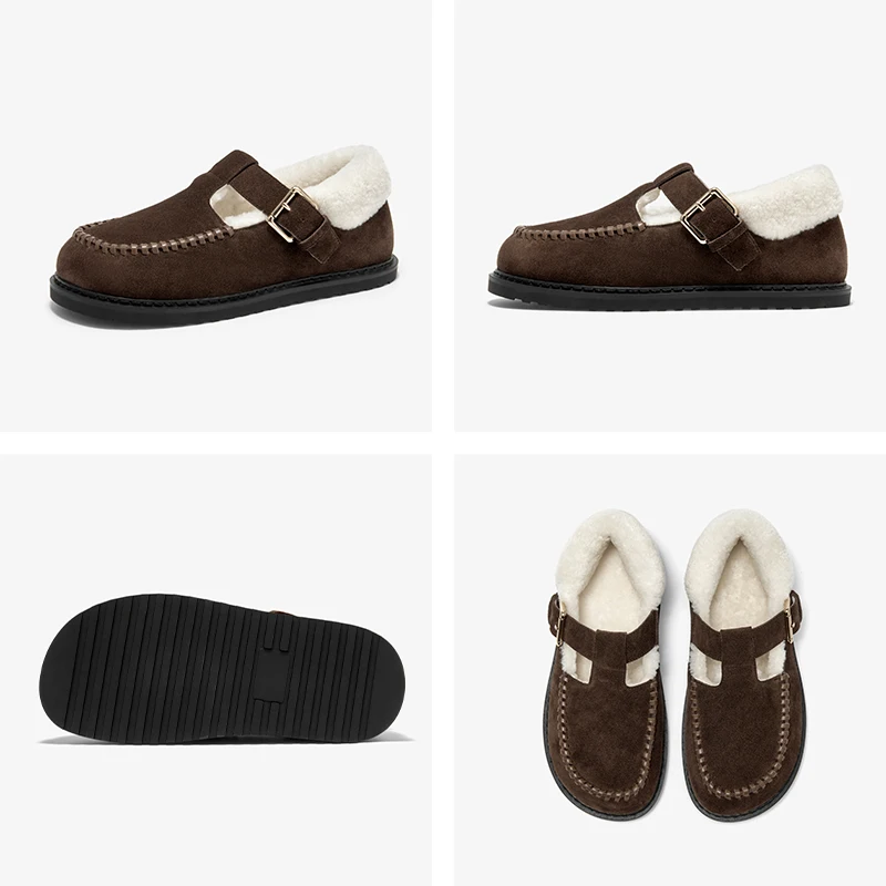 BEAUTODAY Casualowe Baleriny Damskie Skóra Zamszowa z Podszewką z Wełny Zapinane na Klamrę Plecione Okrągłe Palce Ciepłe Damskie Buty Ręcznie Robione 22824