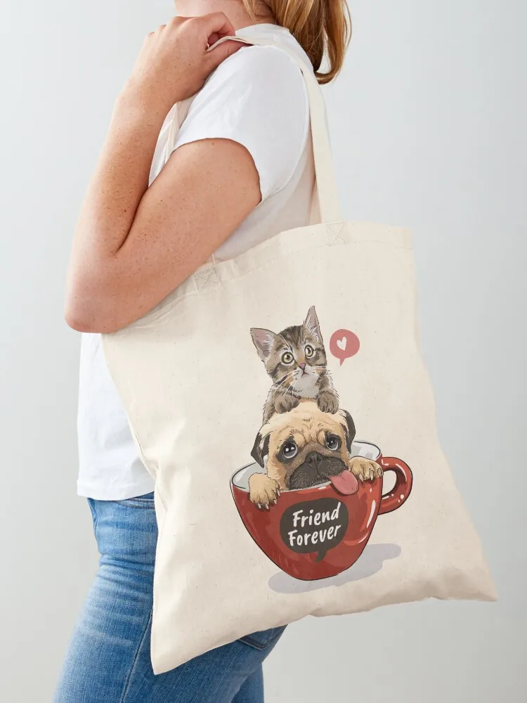 

FUNNY PUG AND CAT FRIEND FOREVER Tote Bag hand bag shopper bags for women eco bag folding Cloth
