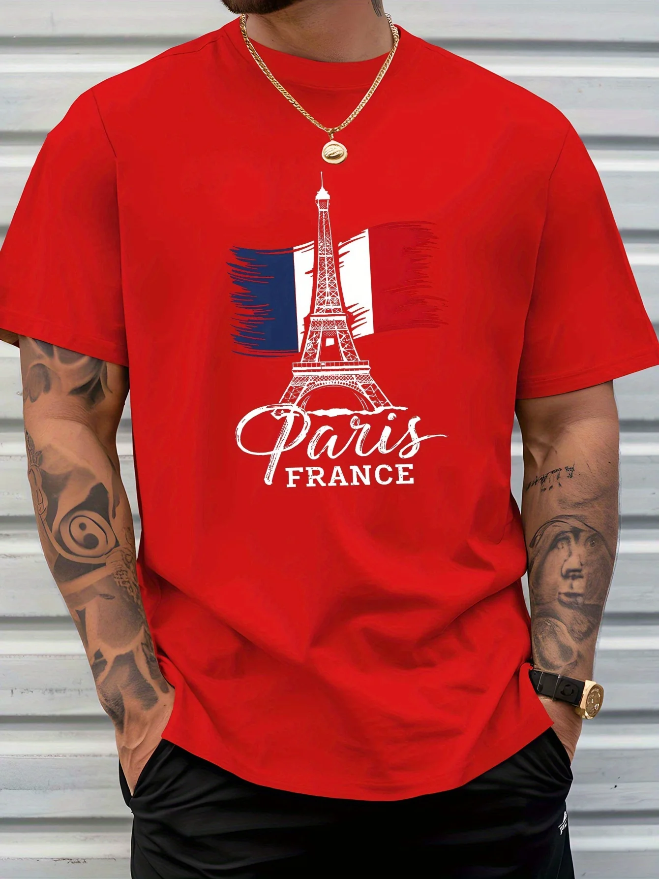 

Men's Paris France Graphic T-Shirt - Red Short-Sleeve Crewneck with Eiffel Tower Print Breathable Casual Summer