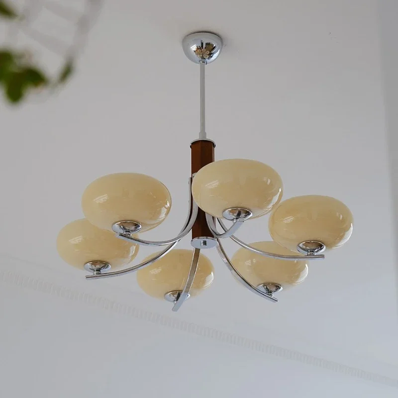 French Retro Medieval Solid Wood Glass Lampshade Chandelier LED Bedroom Restaurant Cafe Living Room