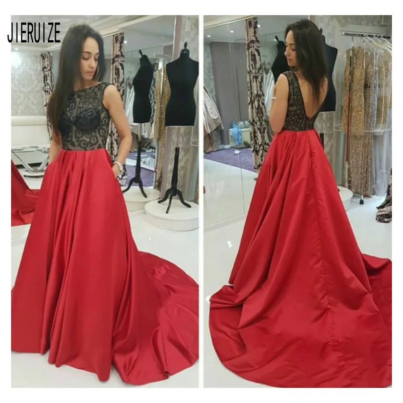 JIERUIZE Schwarz Und Rot Abendkleider Scoop Neck Backless Lange EINE linie Abschlussball-kleider Spitze Formales Kleid robe de soiree