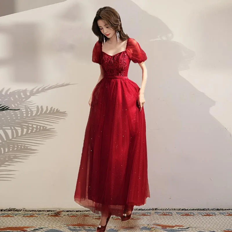 2026 novo vestido de noite de manga curta bordado feminino moda emagrecimento vinho vermelho casamento noiva brindando vestido longo rede