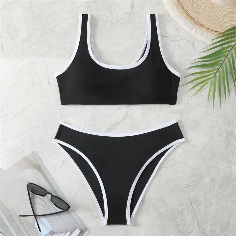 Сексуальный купальник-бикини, женский топ с двойными бретелями, низ с высокой талией, треугольный отдельный купальник, модная пляжная одежда