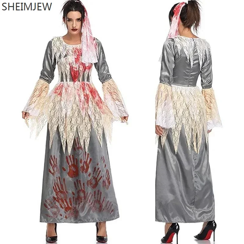 New Ghost Bride Performance Costume For Women Scary And Bloody Zombie Cosplay Masquerade Costumes Long Dress Halloween Party Set