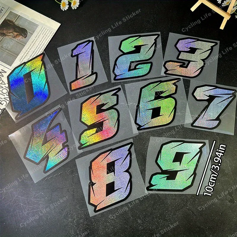 

1 шт., голографическая наклейка с номером автомобиля, наклейка на мотоцикл, стильные цифры 0-9, размер 10 см, для внешней настройки и персонализированные