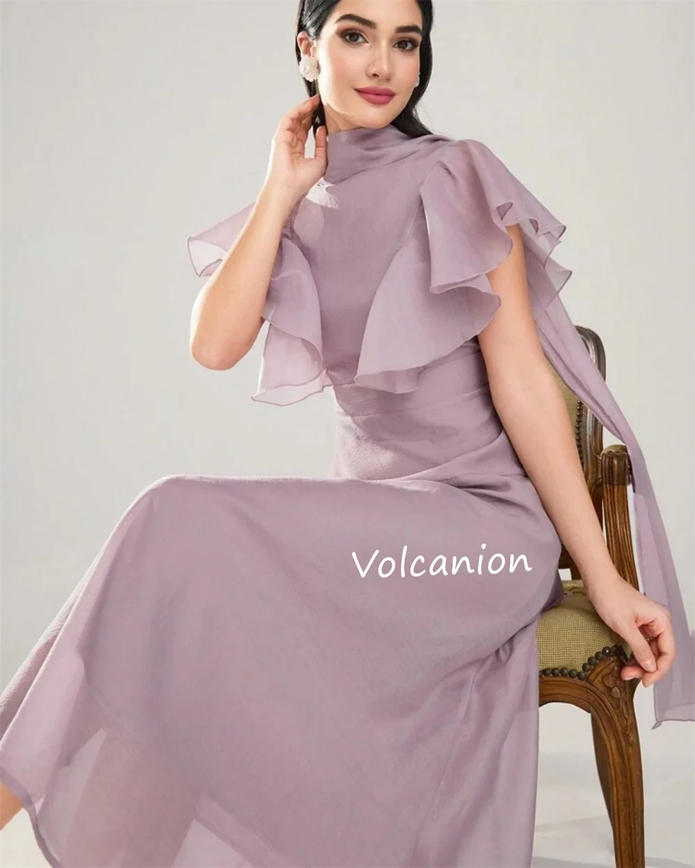 カスタマイズされたシフォンフリル A ラインハイカラーミディド​​レスオーダーメイドオケージョンプロムパーティーシンプルエレガント品質