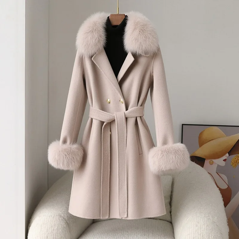 

Pudi High Grade Double-sided Wool Tweed Coat 2024 Fall and Winter Fox Hair Collar Long Slim Female Jacket CT430