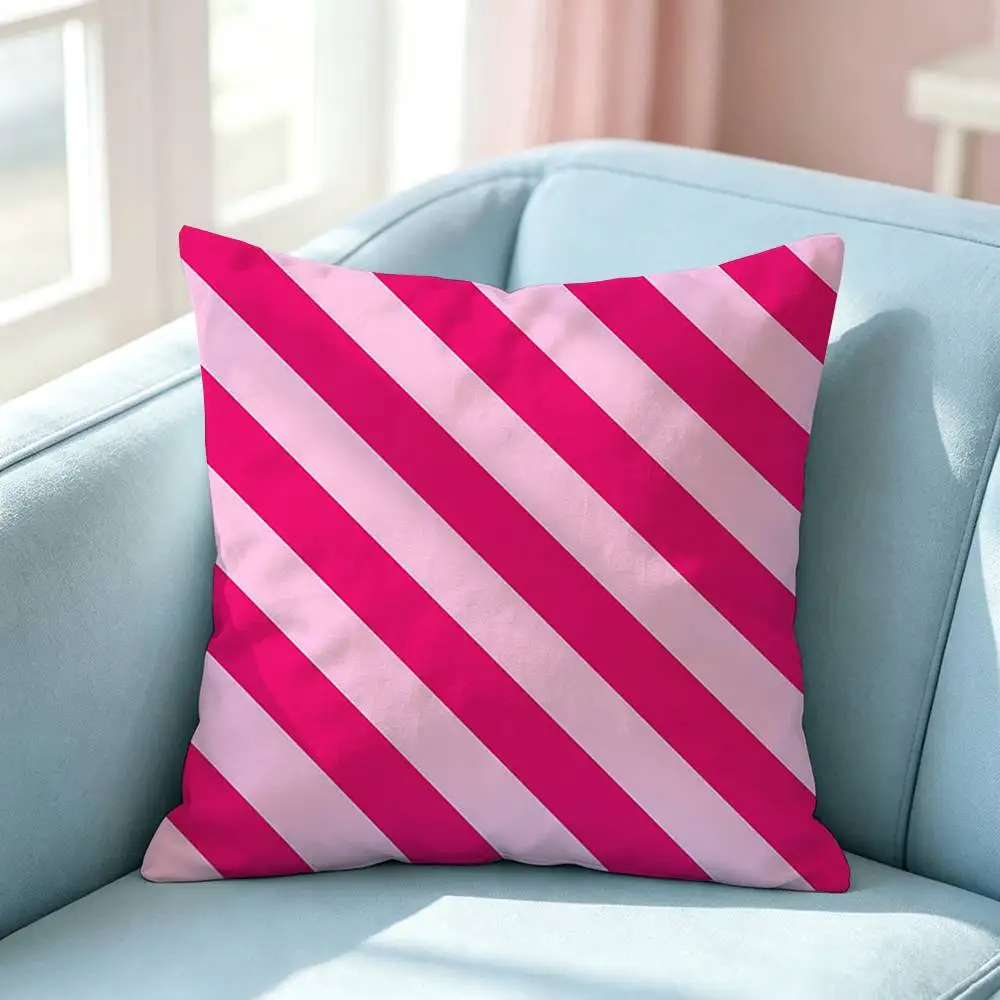 Pink White Stripe pattern Square Double-Sided printed Pillow Case Bedroom Bedside Pillow Sofa Cushion Cover - view 5