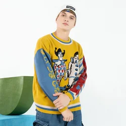 Sweter pulower w stylu Harajuku mężczyźni Patchwork Clown drukuj sweter z dzianiny hiphopowy sweter Retro 2022 wiosna mężczyzna luźne góra