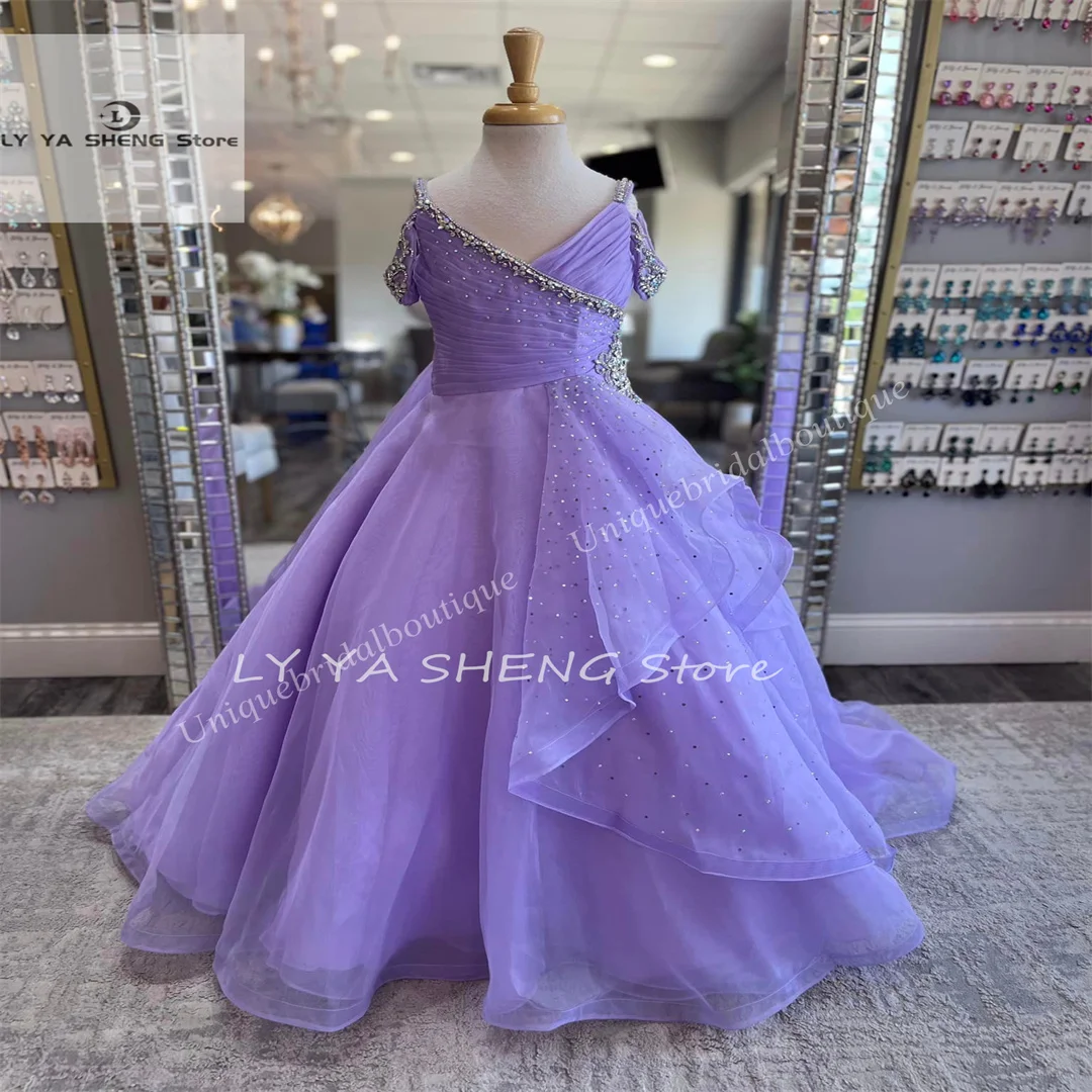 Light Purple Girl Pageant Dress Crystals Straps Organza Little Kid Birthday Formal Cocktail Party Gown Infant Toddler Teens Pret