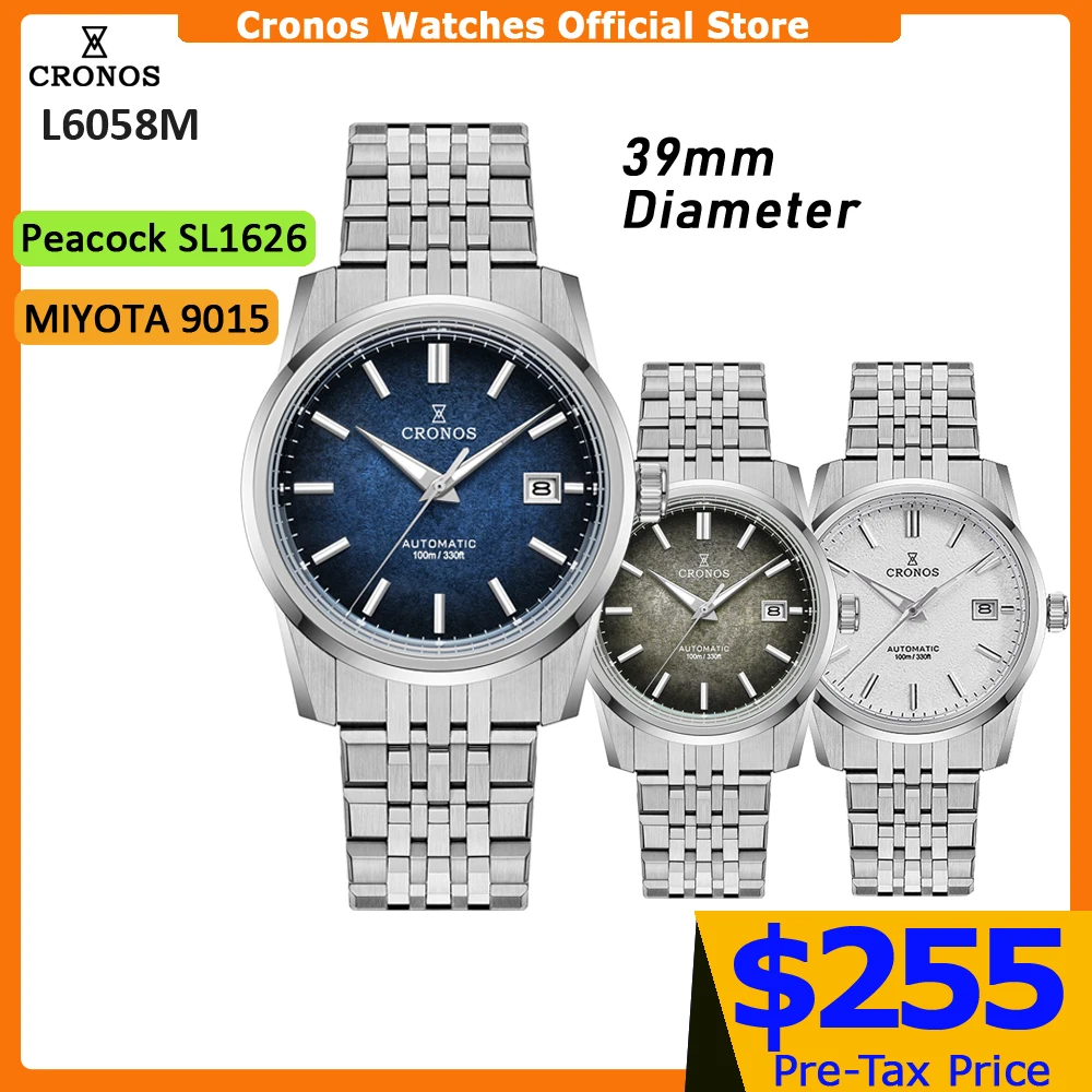 Cronos Men Watch 39mm Automatic Miyota 9015 Peacock SL1626 Wristwatches Graduel Blue Frosted Dial H Links Sapphire 10 ATM L6058M