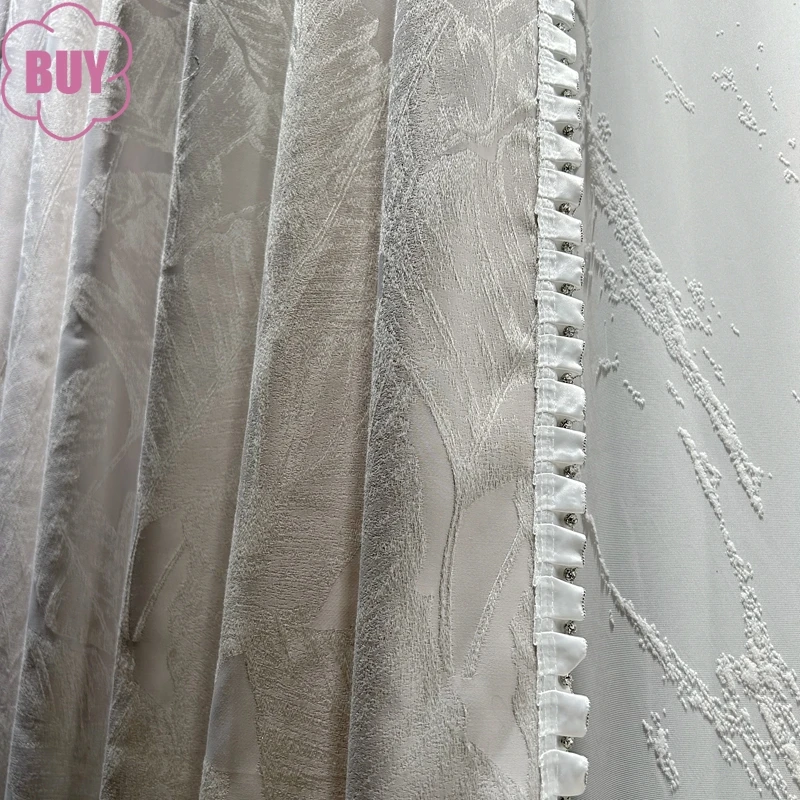 Custom Champagne Jacquard Lace Stitching Thickened Blackout Curtains for Living Room Bedroom French Window Balcony Window