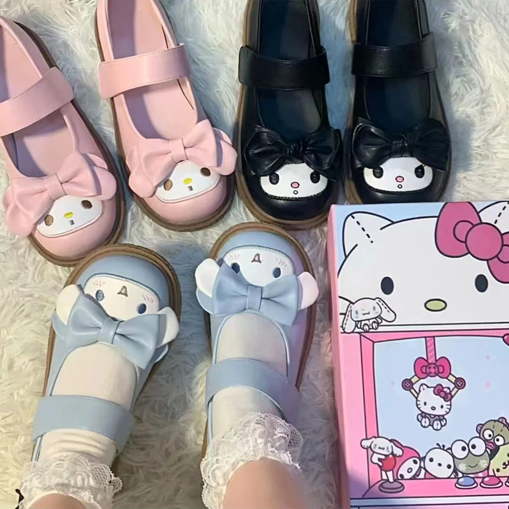 Anime Sanrios Soft Shoes Princess Cute Lolita Round Head Small Leather Shoes Japanese Style Kawaii Melody Kuromi Flat Shoes Girl