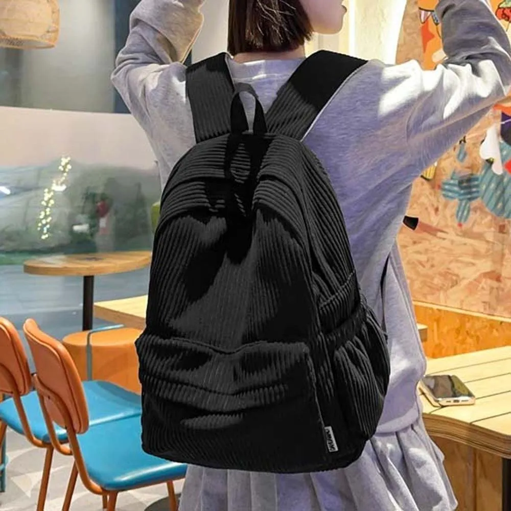 Lightweight Corduroy Backpack Large Capacity Japanese Style Solid Color School Bag Portable Adjustable Casual Students Daypack