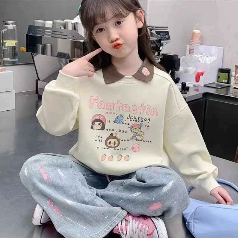 

Girls' 2025 Spring/Autumn New Fleece-Lined Crewneck Sweatshirt Doll Cartoon Print Stylish Bargain Top
