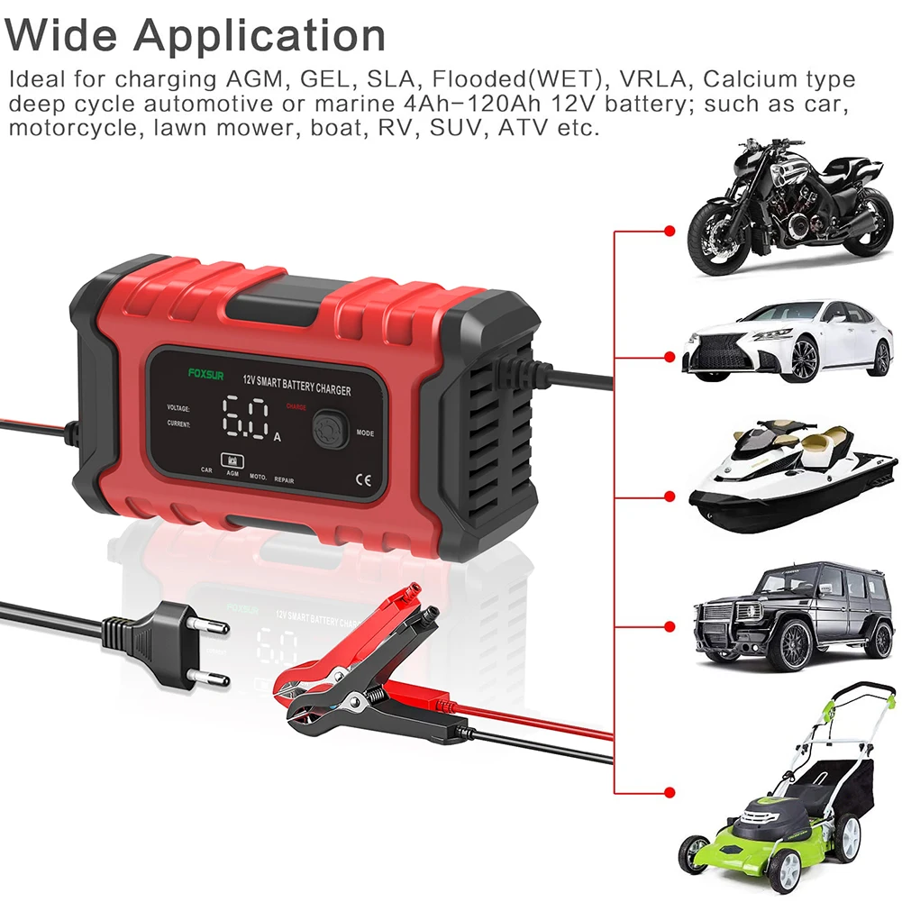 Cargador de batería de coche completamente automático, 12V, 6A, carga rápida inteligente para AGM GEL, húmedo, seco, plomo ácido, pantalla LCD Digital