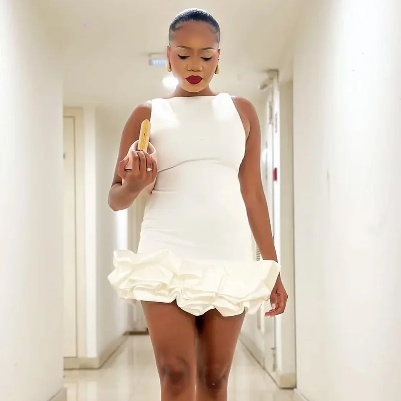 HXAO Womens Dresses 2024 Bodycon Ruffle White Dress Woman Sleeveless Puff Mini Dress Summer Backless Short Dresses For Women