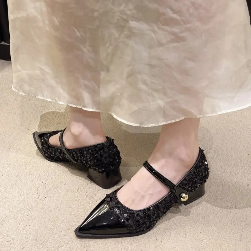 2024 New Designer Spring and Fall Women Mary Jane Shoes Ladies Fashion Pointed Toe Thick Heel Women's Comfort Office Pumps Shoes