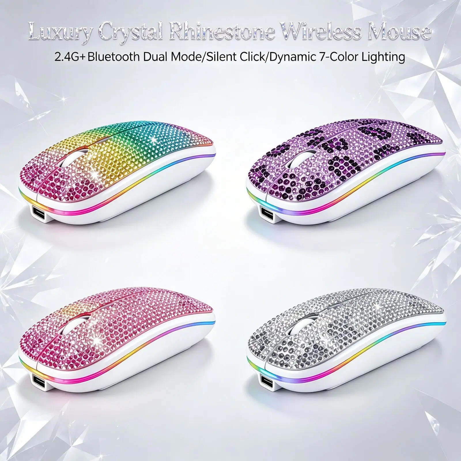 

Luxury Crystal Rhinestone Wireless Mouse 2.4G Bluetooth Dual Mode Ergonomic Rechargeable Backlight Mute Mice For Laptop Computer
