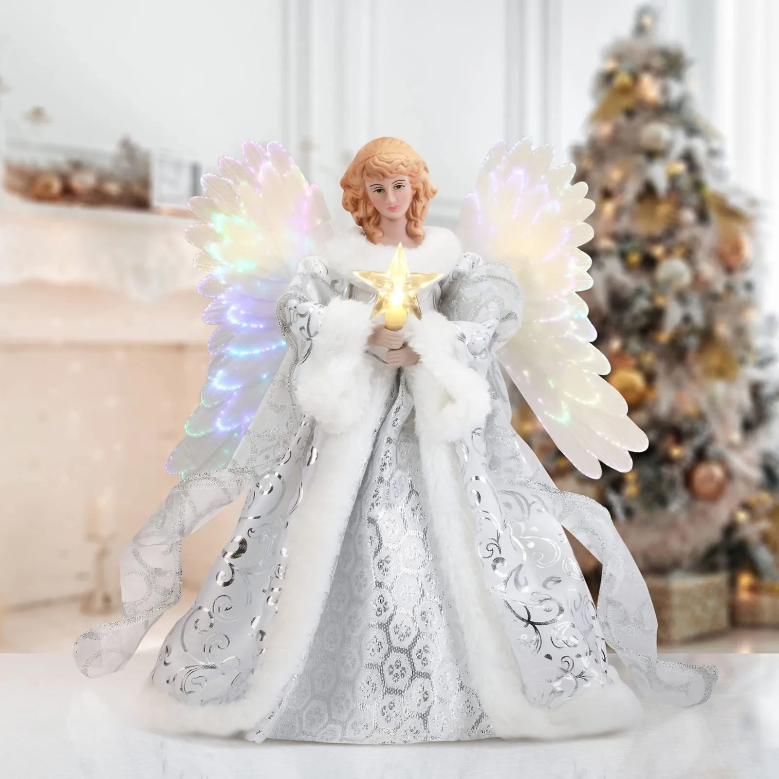 Christmas Tree Topper White Angel Decoration With Light Glow Xmas tree Glowing angel doll Pendant party angel luminous ornaments