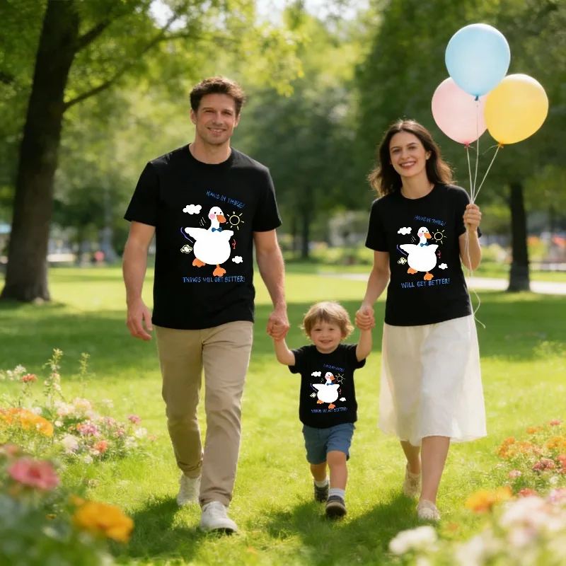 

Детская футболка из чистого хлопка с милым принтом «Утка-облако» и круглым вырезом, топ для родителей и детей, модный индивидуальный узор для семьи