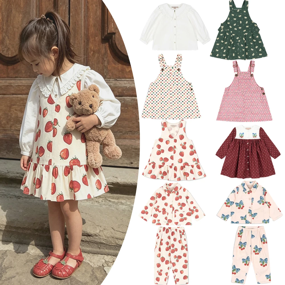 Sweet Toddler Girls Dress KS Style 2026 Heart Strawberry Floral Print Suspender Casual Spring Autumn Kids Outfit Collection