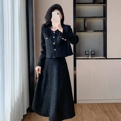 Luxury Fall Winter Black Shiny Tweed Suits For Women Single Breasted Long Sleeve Top Jacket+High Waist Party Skirts Sets