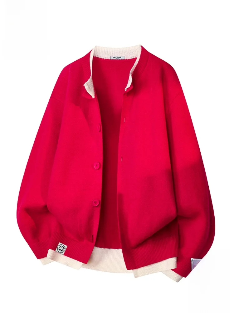 

Красный вязаный свитер Paul Frank для пар, зимняя верхняя одежда с дизайном обезьяны, мужское свободное теплое пальто с длинными рукавами, повседневное.