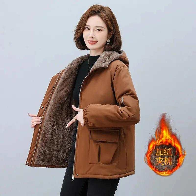 

New Autumn Winter Jackets Hooded Zipper Women's Coat Add Thick Warm Coats Casual Outerwear Tooling Parker Clothing