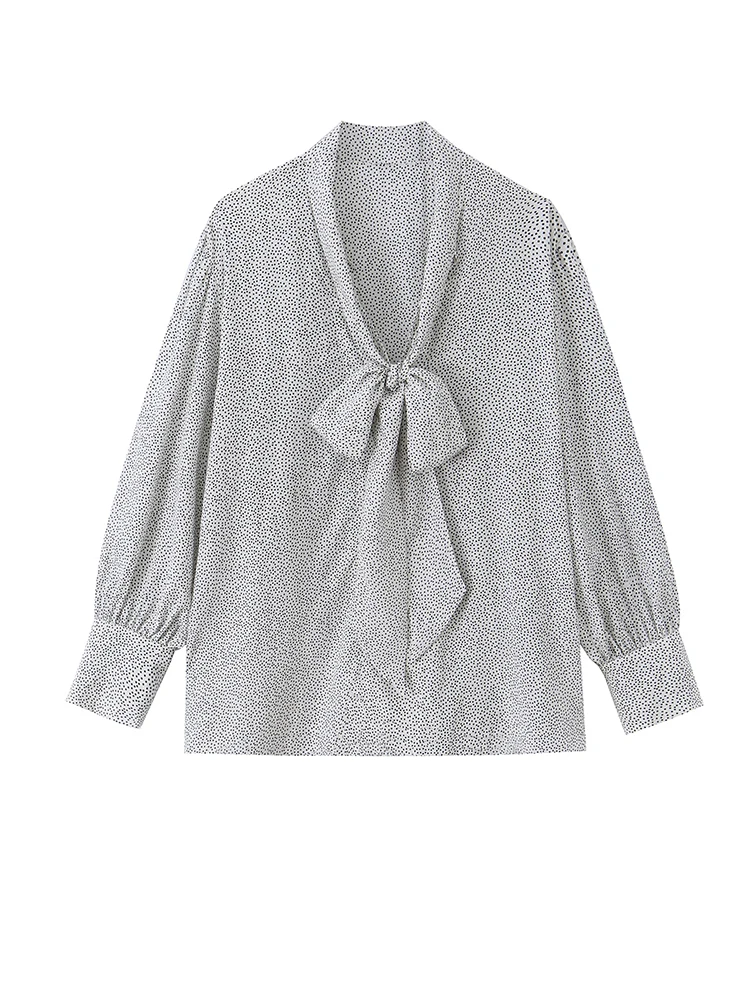 

Women's Polka Dot Bow Neck Blouse Loose Long Puff Sleeve Casual Button-Down Shirt Tops