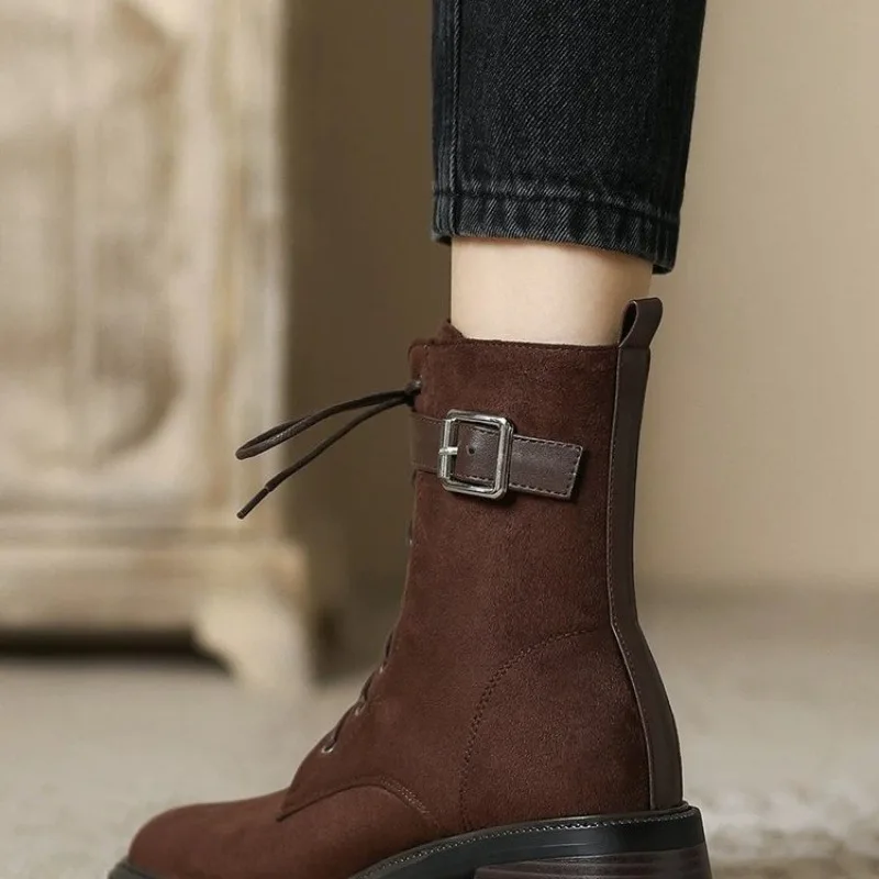 Loose Ankle Boots with Side Ties and Zipper, Mid-heel Women's Single Boot