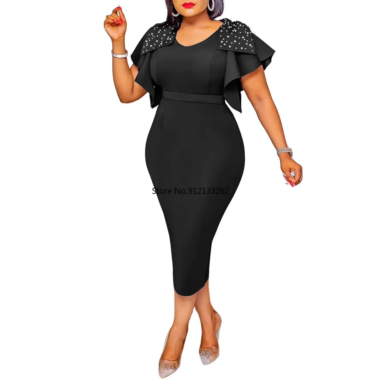 2023 Fashionable Temperament Slimming Women\'s Wear 2024 Summer New round Neck Ruffle Sleeve Slit Beaded Dress Midi Dress