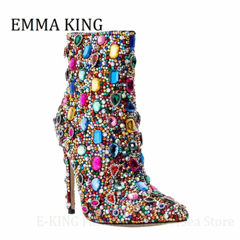 Women Multicolor Crystal Ankle Boots Sexy Stiletto Heels Rhinestone Cocktail Booties Ladies Bling Party Shoes Botas De Mujer