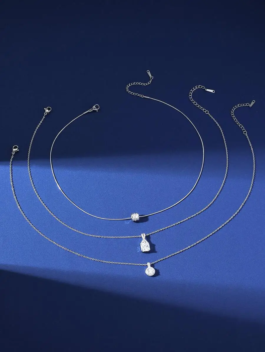 

Набор из 3-х многослойных ожерелий с геометрическими кристаллическими подвесками, серебристая цепочка, украшения для женщин