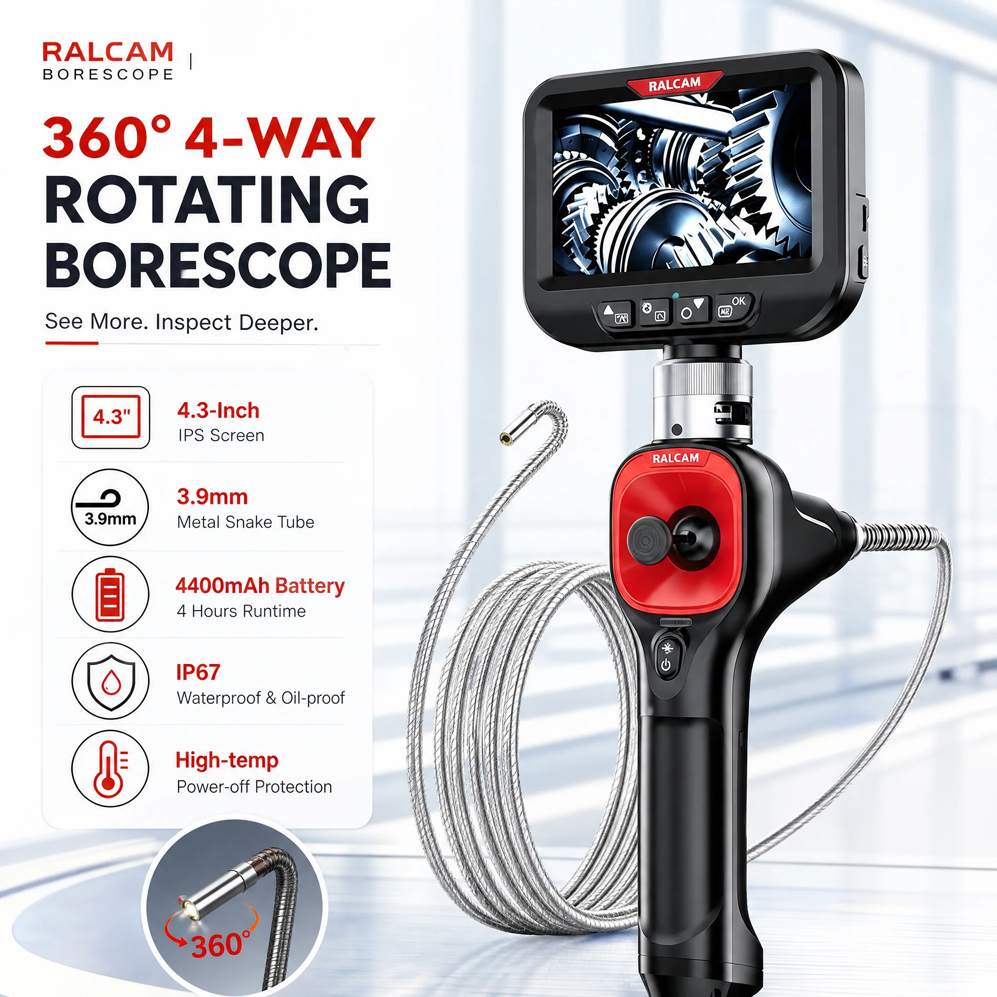 360° Rotatable 3.9mm 4‑Way Articulation Industrial Endoscope Camera 4.3