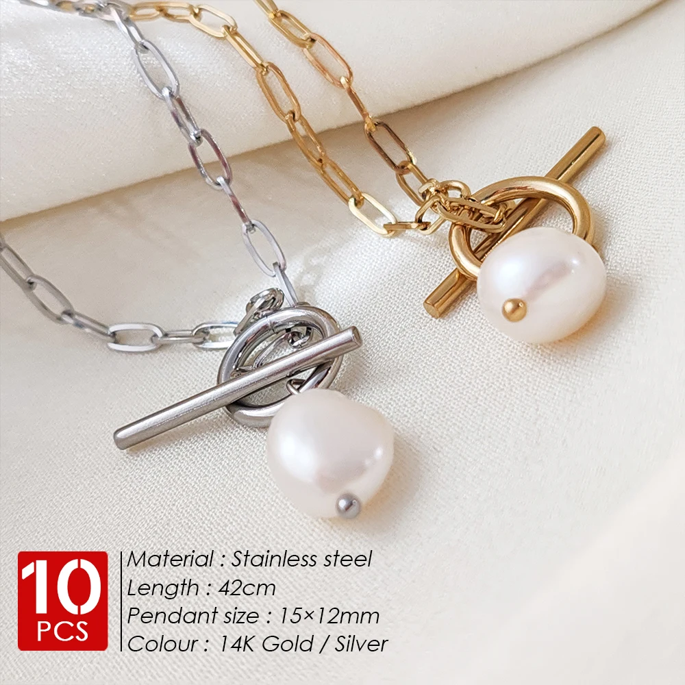 eManco 10PCS Freshwater Pearl Toggle Pendant For Women Paperclip Chain Necklace Stainless Steel Long Box Square Chain Long Choke