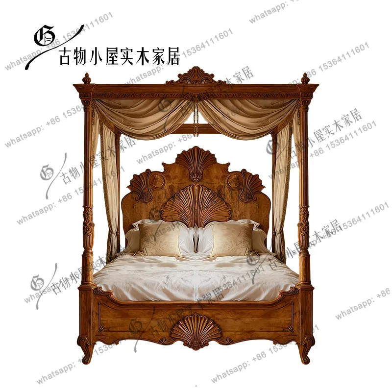 French light luxury solid wood bed/log color retro simple light luxury double bed/custom