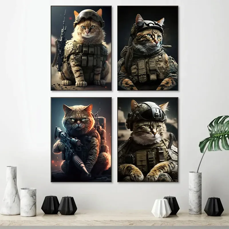 Animal Special Forces Forces Cat Bulletproof Vest Wall Art Canvas Painting Modern Posters and Prints Pictures Living Room Decor