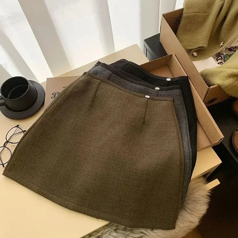 Fashion Faux Woolen Women Mini Skirt Winter Thick High Waist Preppy A Line Skirt Y2K Korean Streetwear Casual Lady Tweed Skirt