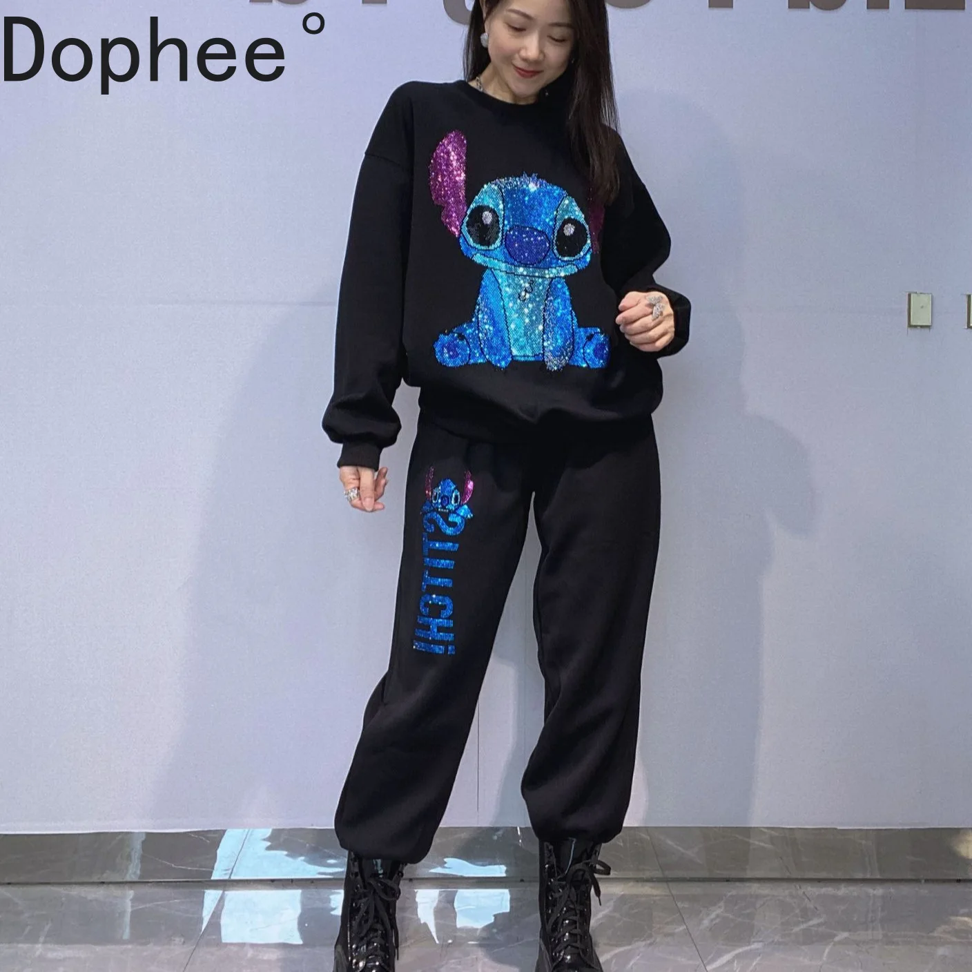 

Fashion Autumn Women Two-piece Set Hot Drilling Cartoon Loose Long Sleeve O-neck Pullover Top + Elastic Waist Casual Sport Pants