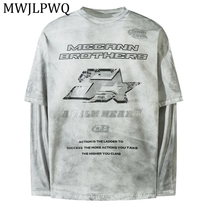 

MWJLPWQ American Washed Vintage Spray Stain T-Shirt Men's Craft Niche Design Fake Two-Piece Star Letter Long Sleeve Tops 15787