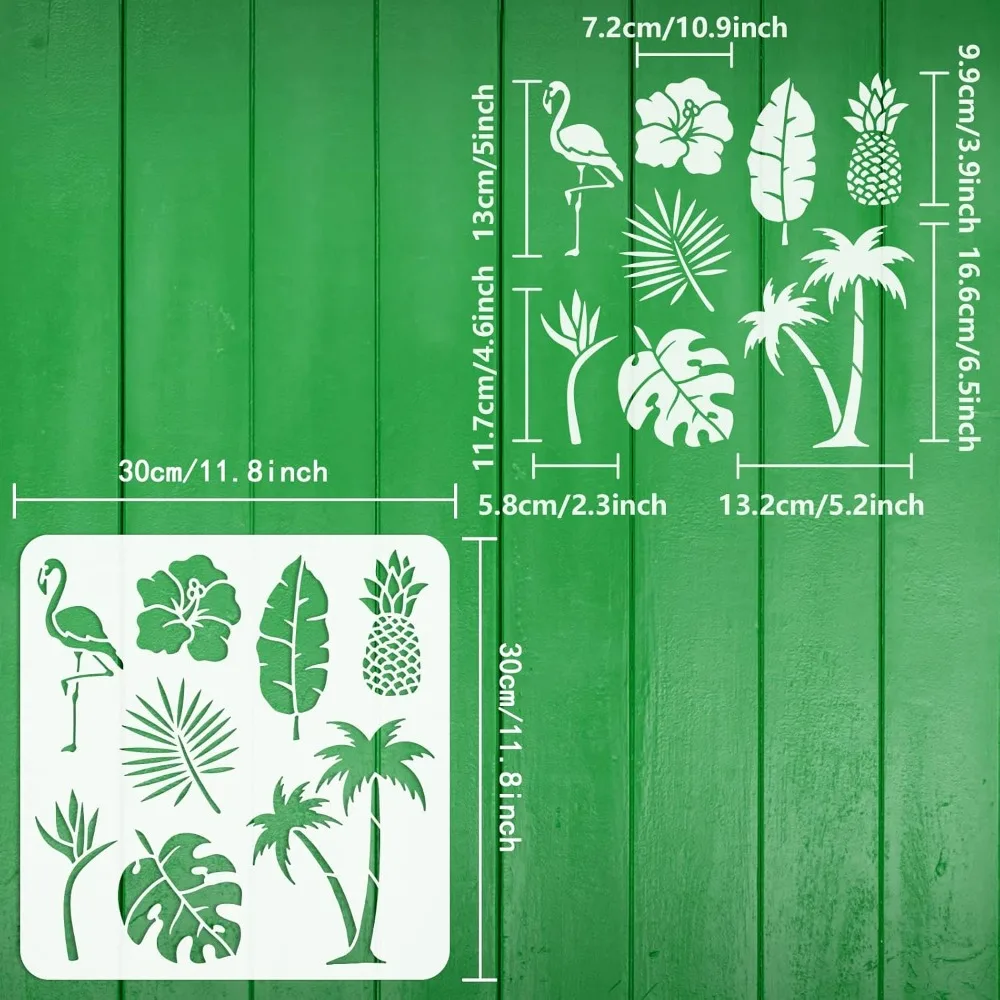 Tropical Coconut Tree Stencil 11.8x11.8inch Reusable Tropical Leaves Pineapple Flamingo Flower Pattern Template Animal Plant