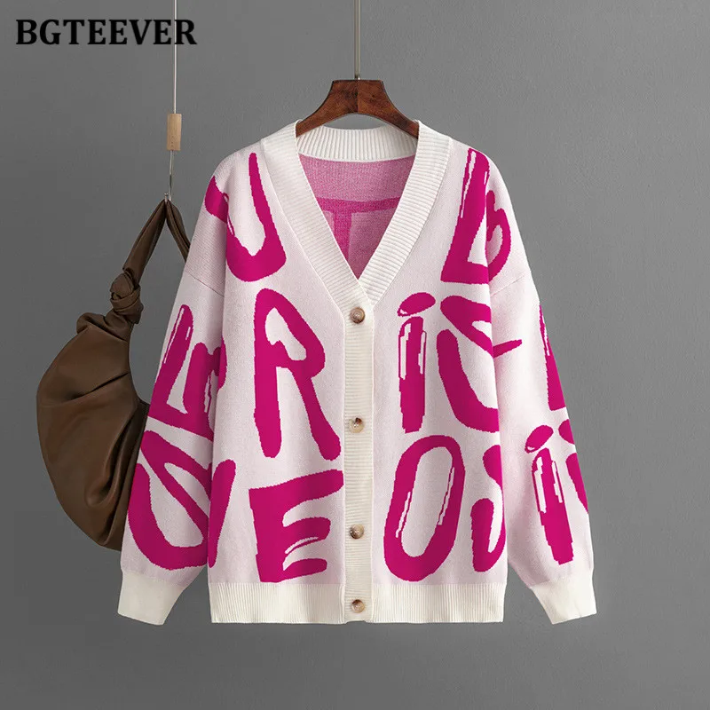 BGTEEVER Autumn Winter V-neck Ladies Knitted Jacquard Cardigans Elegant Long Sleeve Loose Printed Sweater for Women