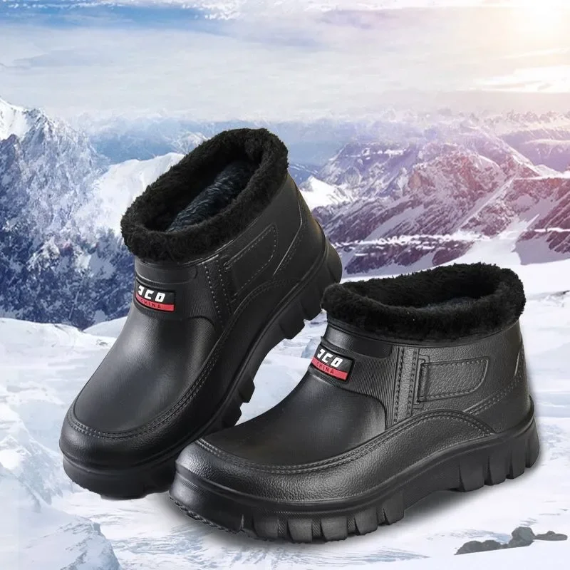 2024 Winter Windproof Boots Cotton Rain Shoes Men Warm Ankle Rainboots Black Slip on Rain Shoes Men Waterproof Work Boot Botas