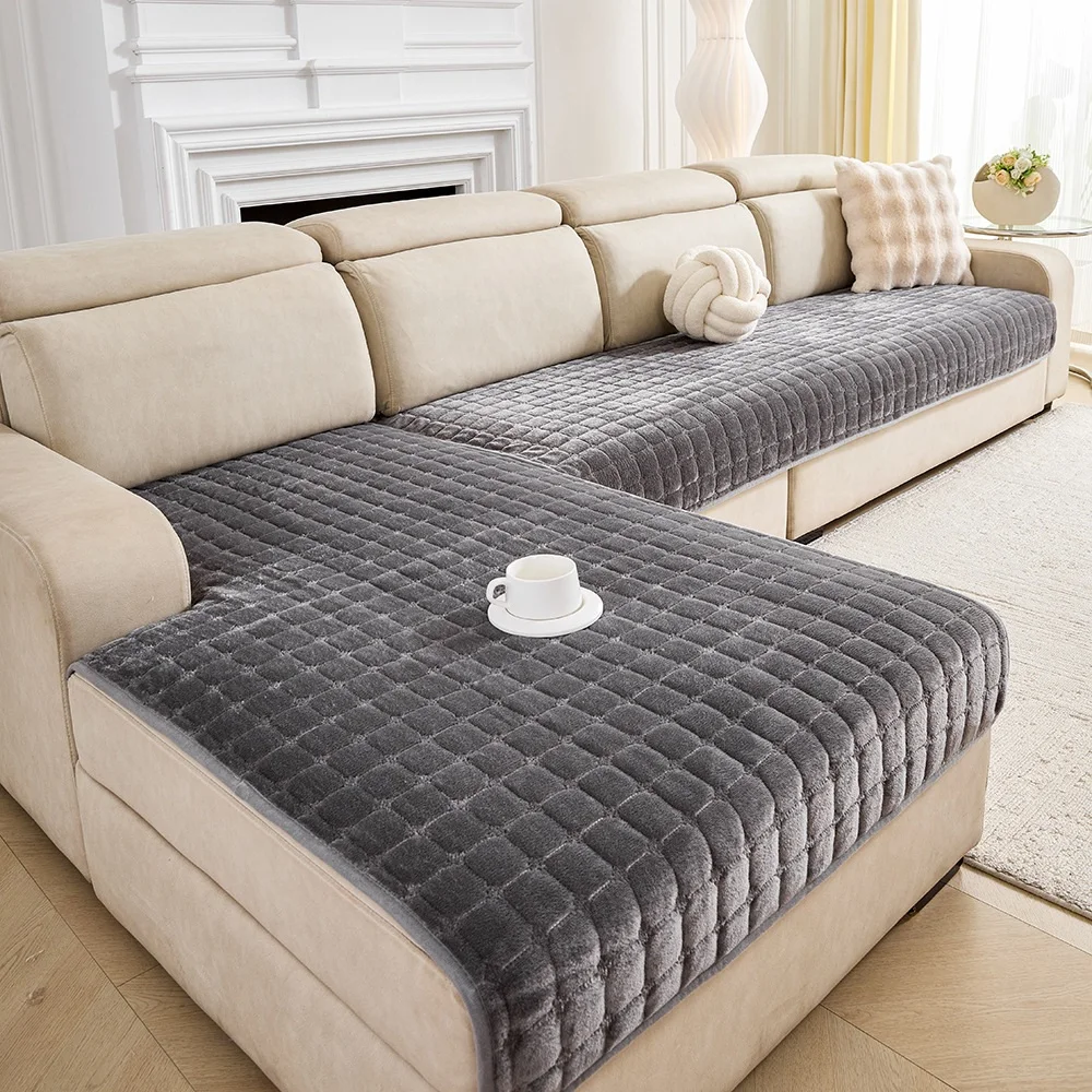 Two-piece flannel and plush sofa cushion set – minimalist checked design, modern living room sofa covers, thickened and non-slip