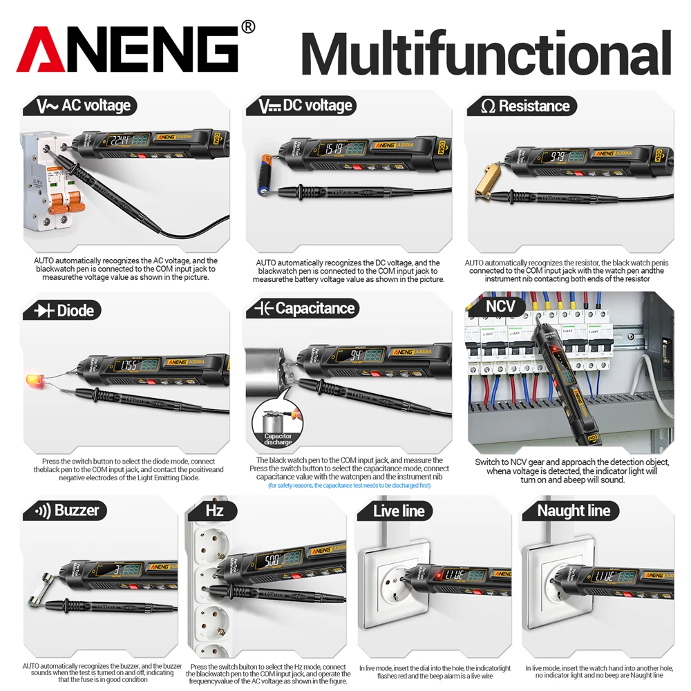 الذكية القلم المتعدد NCV جهاز قياس الجهد الكهربائي 4000 عدد ANENG A3006A إصلاح السيارات 600 فولت التيار المتناوب/تيار مستمر كهربائي لتقوم بها بنفسك أداة الكشف التلقائي #6
