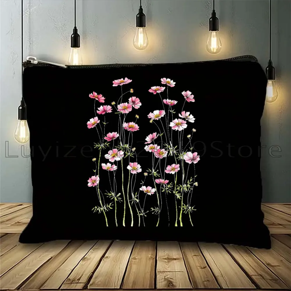 Yellow Pink Cosmos Roses Tulips Daisy Poppy Flowers Hyacinth Watercolor Cute Gifts Canvas Cosmetic Makeup Bag Pencil Case Pouch