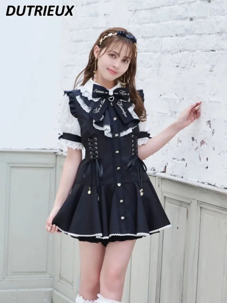 Mine Suit New Diamond Buckle Love Bow Lace Short Sleeve Mass Production Top Waist Lace-up Dress and Base Shorts Two-piece Set